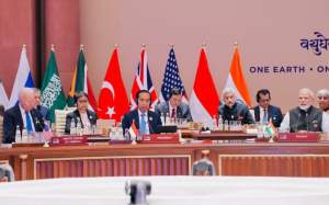 Presiden Jokowi menghadiri sesi pertama KTT G20 India di Bharat Mandapam, IECC, Pragati Maidan, New Delhi, India, pada Sabtu (9/9/2023), waktu setempat.