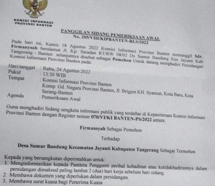 Kades Sumur Bandung Dilaporkan ke Komisi Informasi Provinsi Banten