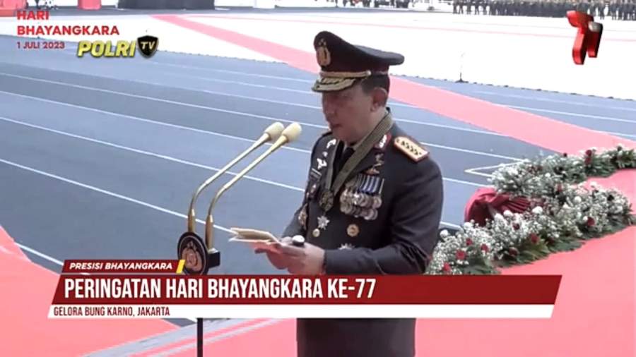 Tangkapan layar Kapolri Jenderal Listyo Sigit Prabowo dalam pidatonya di Hari Bhayangkara ke-77 di SUGBK, Jakarta, Sabtu (1/7/2023).