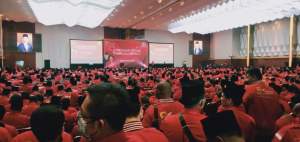 Acara pembukaan Bimtek Anggota DPRD PDIP Tingkat Provinsi dan Kabupaten/Kota se-Indonesia di Hotel Grand Paragon, Jakarta Barat, Senin (9/1/2023).