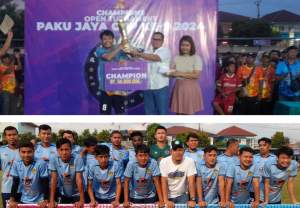Wakil Wali Kota Tangerang Selatan, Pilar Saga Ichsan menyerahkan hadiah uang dan tropi juara kepada kapten HBB Boy, Eka Encek. (atas) Kesebelasan HBB Boy dari Karang Tengah, Kota Tangerang. (bawah)