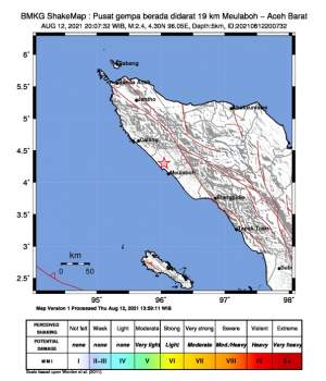  Gempa Bumi tektonik 2.4 guncang Meulaboh, Aceh, Kamis (12/8/2021) malam.