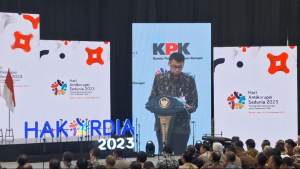 Ketua KPK sementara, Nawawi Pomolango di acara Hakordia 2023 di Istora Senayan, Jakarta, Selasa (12/12/2023).