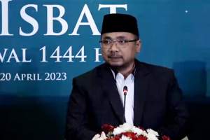 Menteri Agama, Yaqut Cholil Qoumas, saat jumpa pers penetapan Sidang Isbat di Kantor Kemenag, Jakarta, Kamis (20/4/2023).