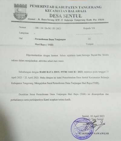 Meski Dilarang, Kades Sentul Balaraja Terbitkan Surat Permintaan THR