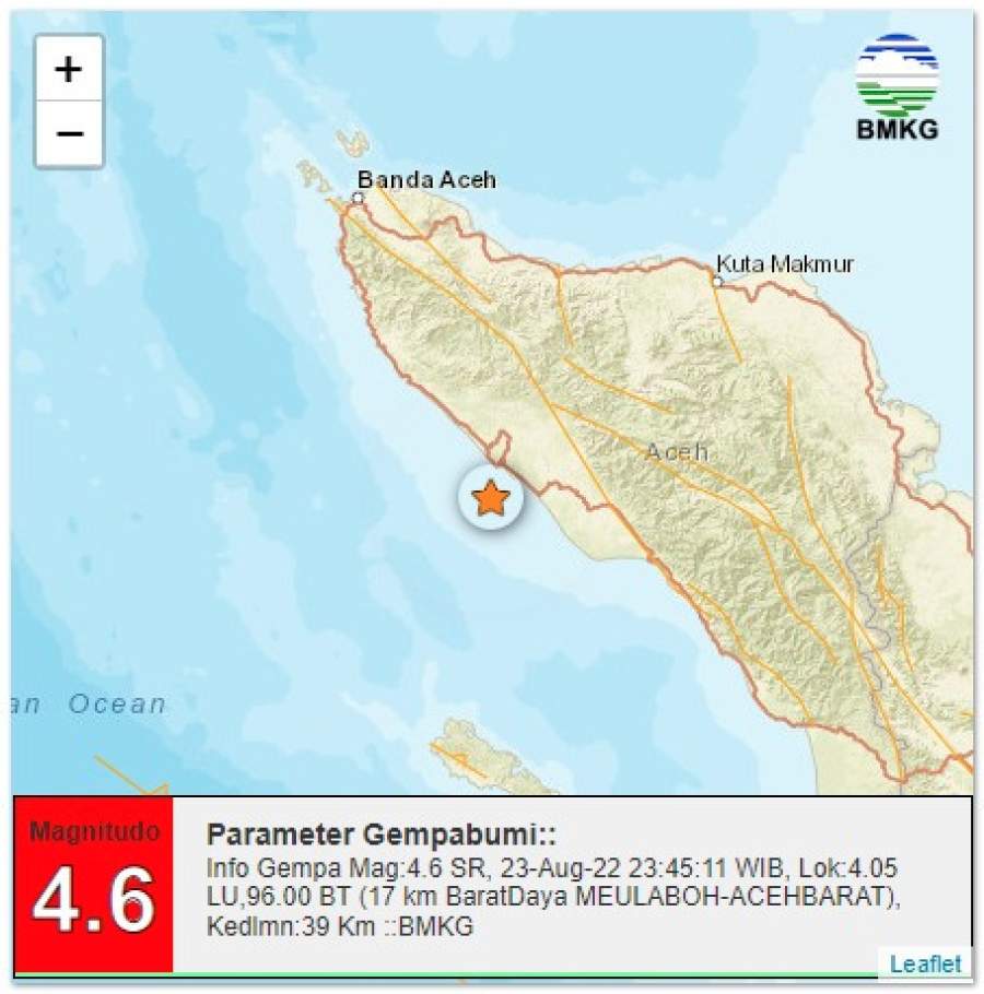 Gempa bumi 4,6 guncang Meulaboh, Aceh Barat