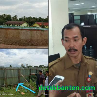 Kepala Biro Bina Infrastruktur dan Sumber Daya Alam Provinsi Banten Nana Suryana, dan tampak pagar seng sebelumnya tembok pagar.